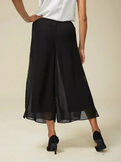Cropped Length Straight Leg Pant With Chiffon Split Leg Overlay