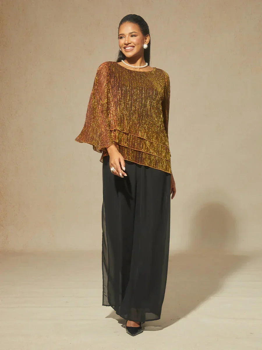 Blouse métallisée en mousseline plissée à pans asymétriques