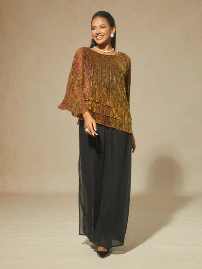 Blouse métallisée en mousseline plissée à pans asymétriques