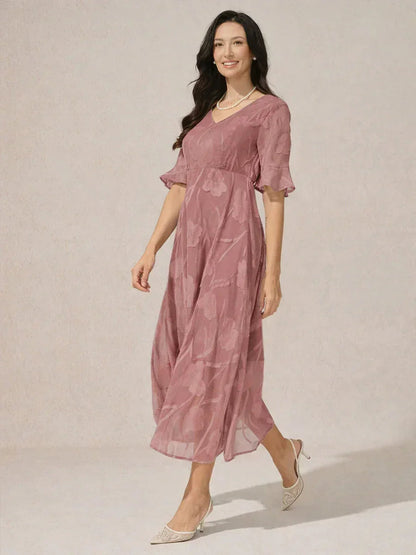 Ruffle Flutter Lace Midi Dress with Pockets