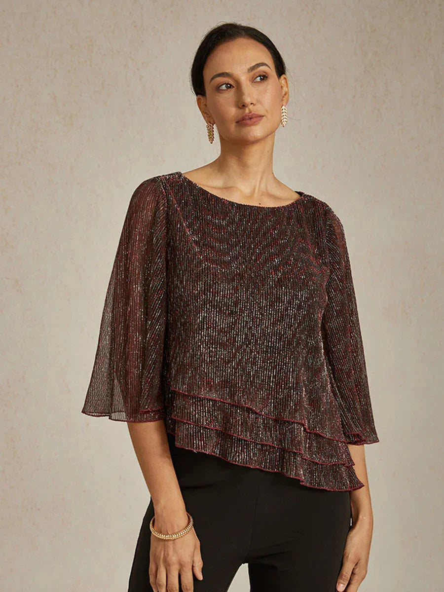 Metallic Pleated Chiffon Asymmetrical Layered Blouse