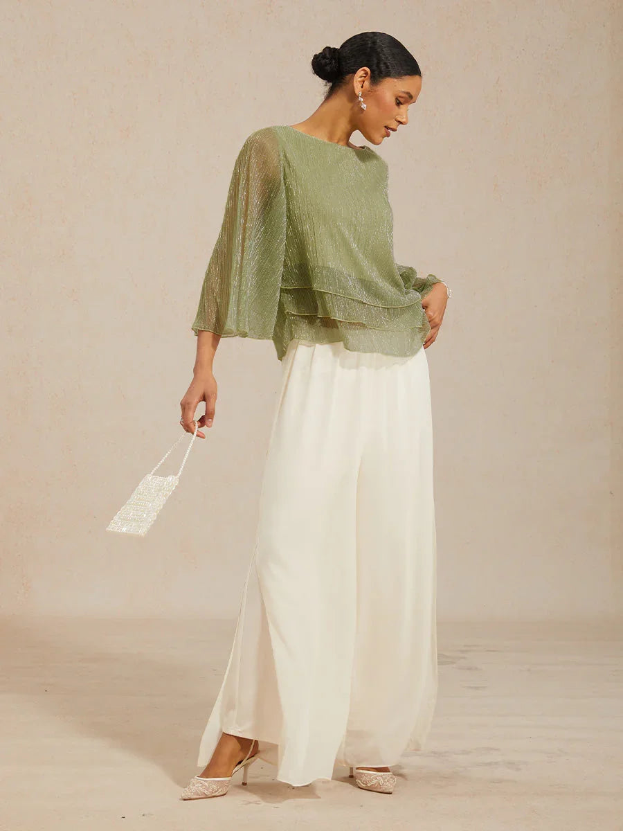 Asymmetrische Lagenbluse aus metallisch schimmerndem, plissiertem Chiffon