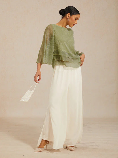 Asymmetrische Lagenbluse aus metallisch schimmerndem, plissiertem Chiffon