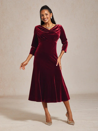 High-Stretch Velvet Sleeveless Midi Dress with Cowl Neck