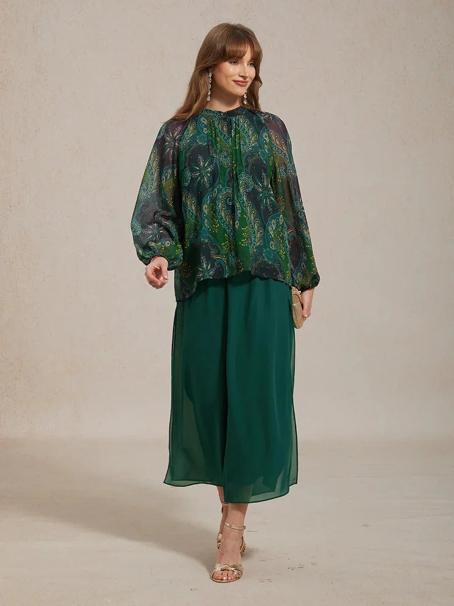 Paisley Chiffon Peasant Blouse with Long Lantern Sleeves
