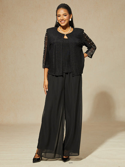 Beaded 3/4 Sleeve Metallic Knit Blouse