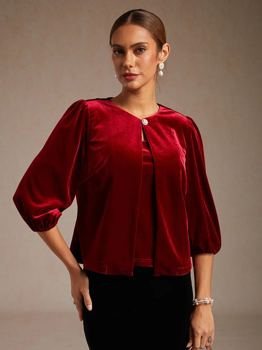 Velvet Puff Sleeves Twinset with Embellished Neckline Closure