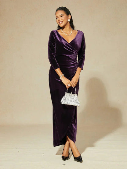 Long Stretch Velvet Evening Dress with 3/4 Sleeves