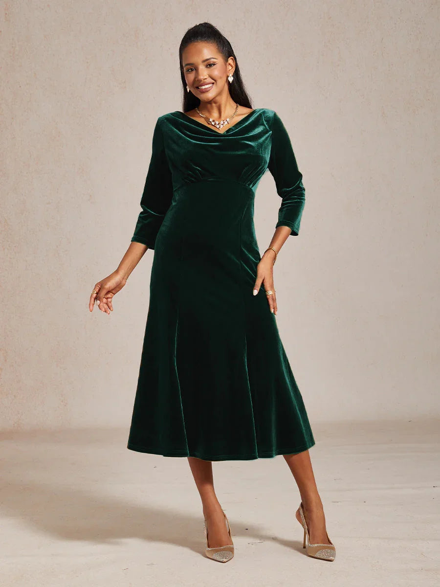 High-Stretch Velvet Sleeveless Midi Dress with Cowl Neck