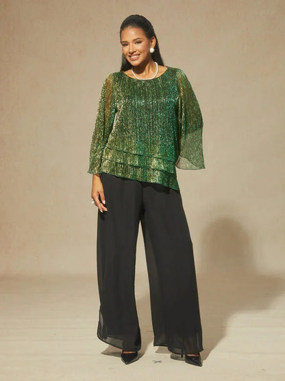 Asymmetrische Lagenbluse aus metallisch schimmerndem, plissiertem Chiffon