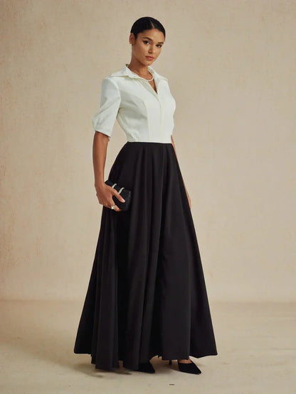 Formal Black & White Stretch Taffeta Maxi Dress