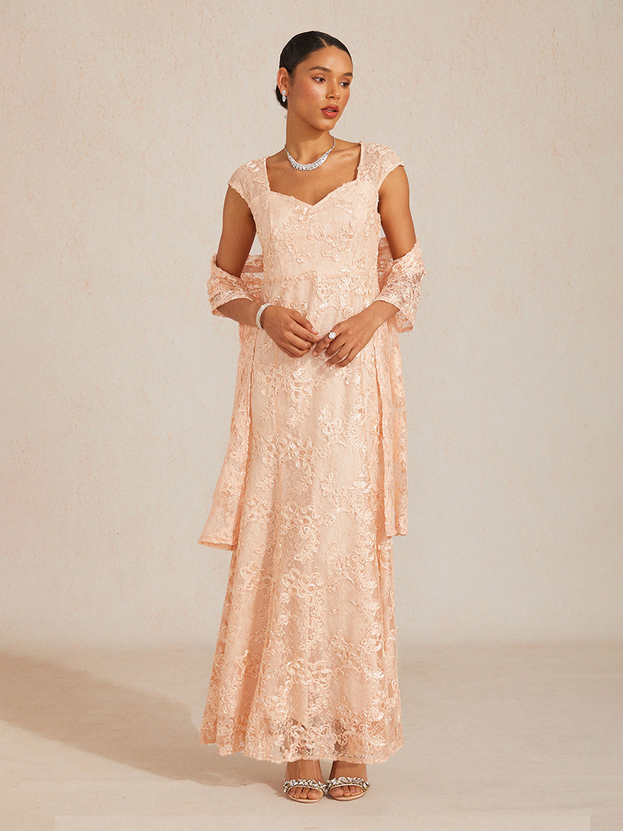 Rosette Lace Cap Sleeve V-neck Mermaid Gown