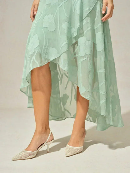 Floral Chiffon Sleeveless Evening Gown with Asymmetrical Hem