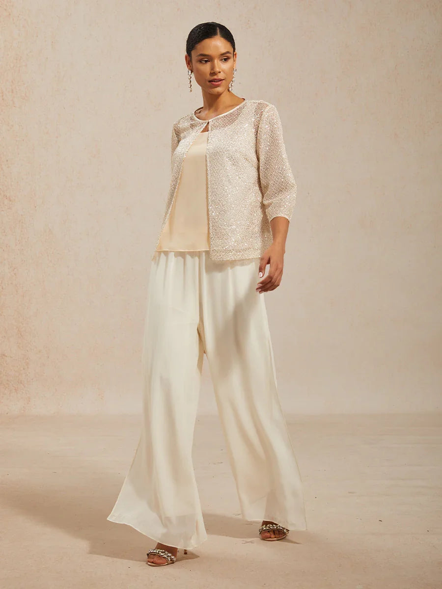 Sequin Mesh Round Neck 3/4 Sleeve Twinset