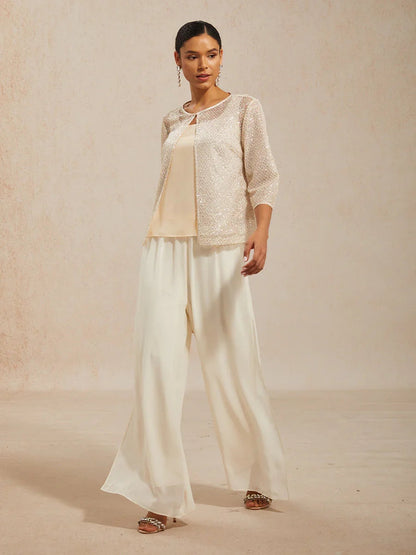 Sequin Mesh Round Neck 3/4 Sleeve Twinset