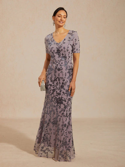 Floral Sequin Stretch Mesh Short Sleeve Dress