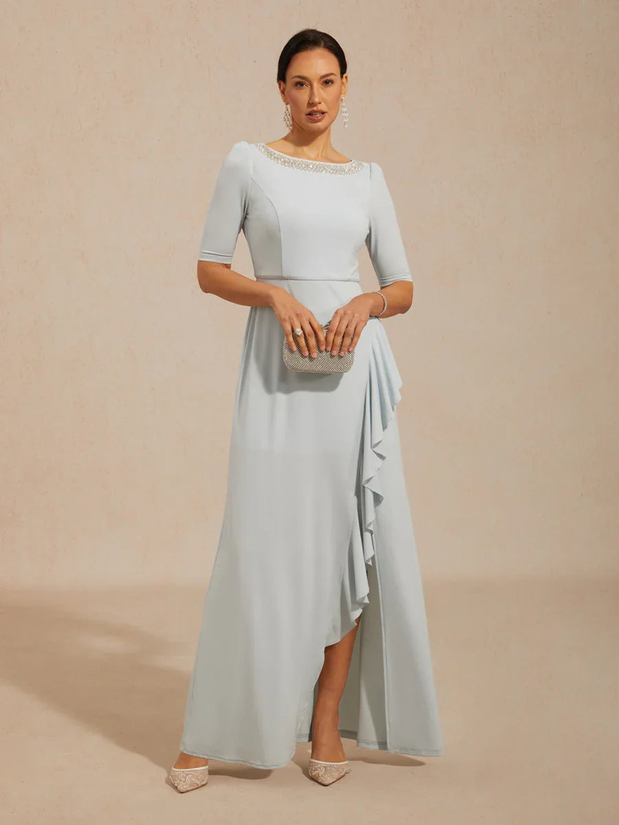 Boat Neck Ruffle A-Line Maxi Dress with Rhinestone Neck Detail