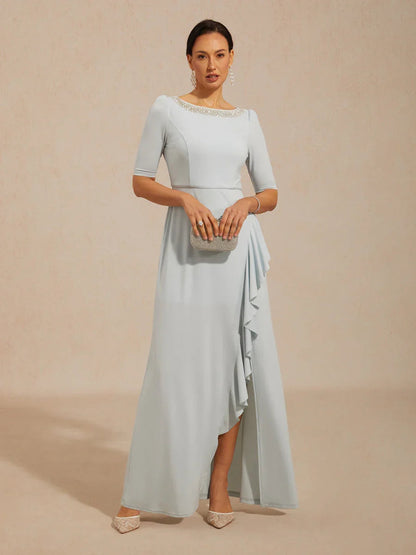Boat Neck Ruffle A-Line Maxi Dress with Rhinestone Neck Detail