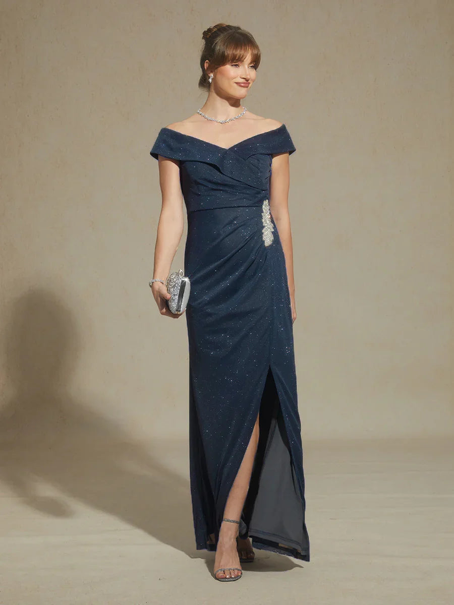 Off-Shoulder Floor-Length Gown with Rhinestone Detail