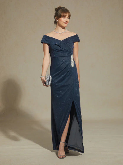 Off-Shoulder Floor-Length Gown with Rhinestone Detail