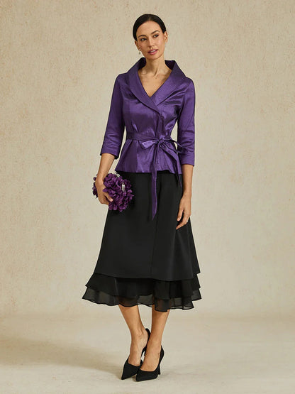 3/4 Sleeve Stretch Taffeta Blouse with Tie Waist Detail