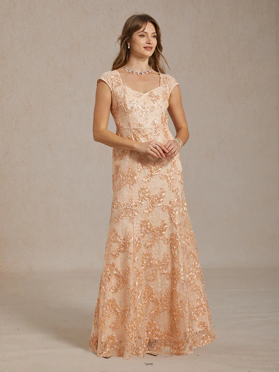 Rosette Lace Cap Sleeve V-neck Mermaid Gown