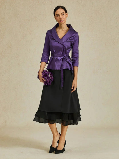 3/4 Sleeve Stretch Taffeta Blouse with Tie Waist Detail
