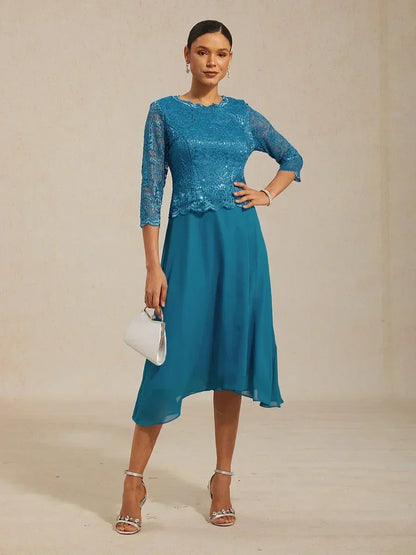 Elegant Lace and Chiffon Tea-Length Dress