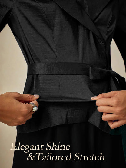 3/4 Sleeve Stretch Taffeta Blouse with Tie Waist Detail