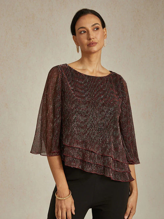 Metallic Pleated Chiffon Asymmetrical Layered Blouse
