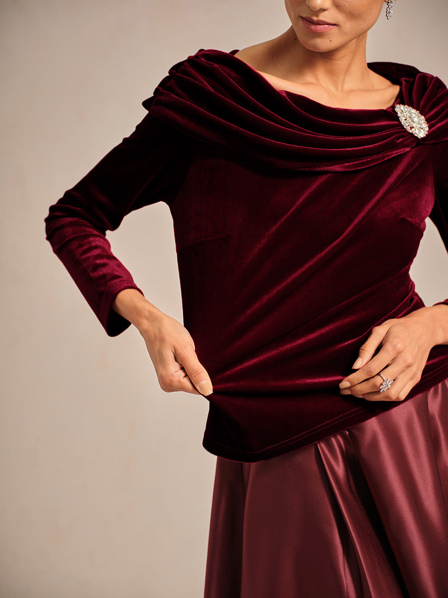 Long Sleeve Velvet Blouse with Ruched Collar