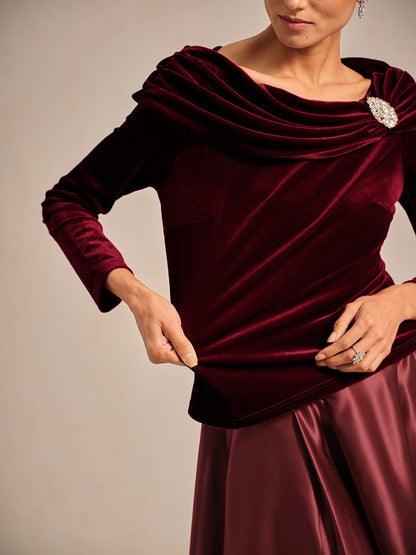 Long Sleeve Velvet Blouse with Ruched Collar