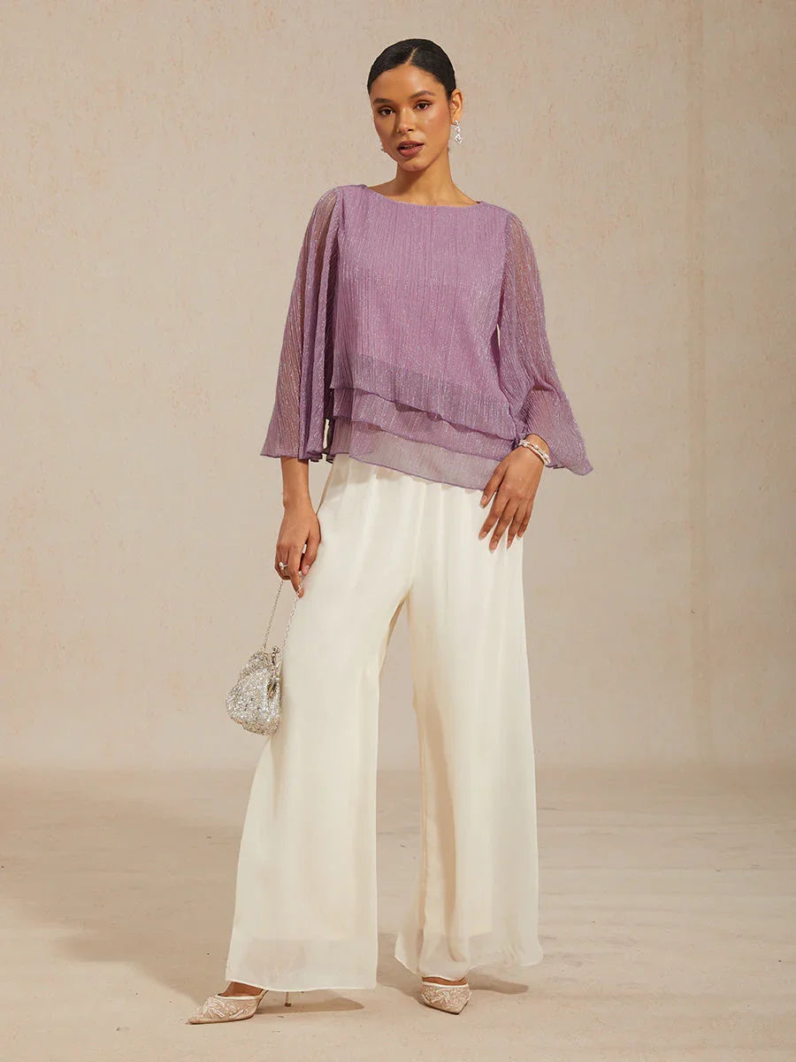 Metallic Pleated Chiffon Asymmetrical Layered Blouse