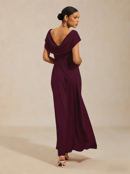 Draped Neck Jersey Evening Dress with Pleated Bodice