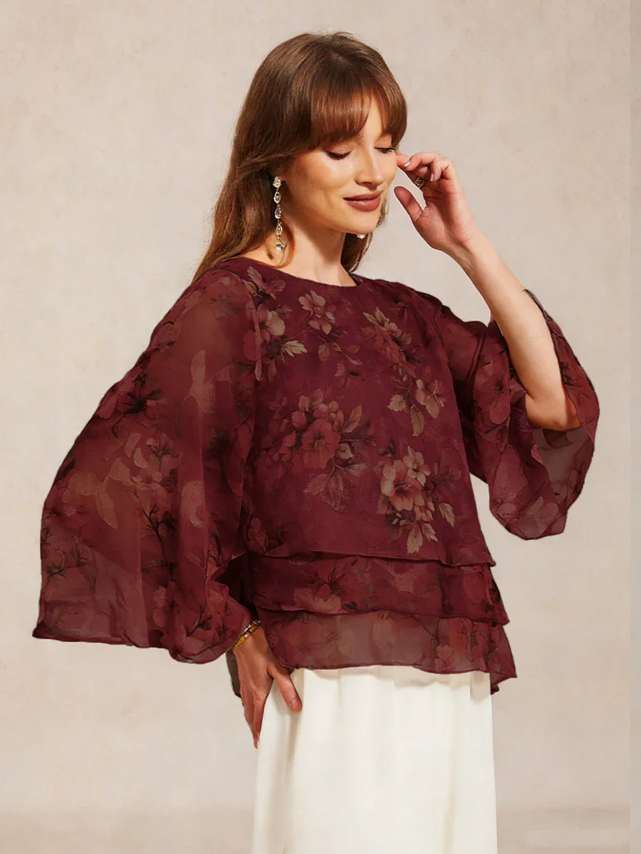 Lace Chiffon Layered Blouse with Floral Print
