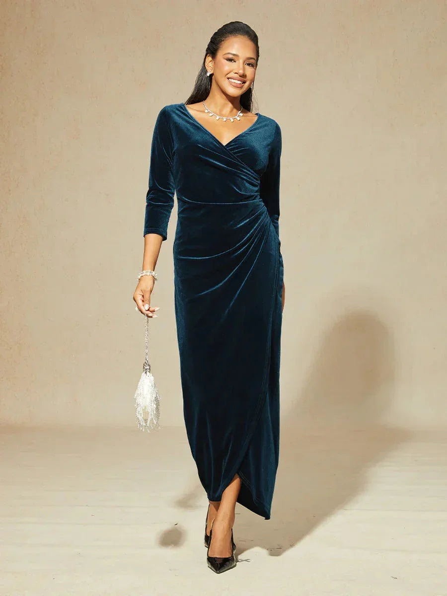 Long Stretch Velvet Evening Dress with 3/4 Sleeves