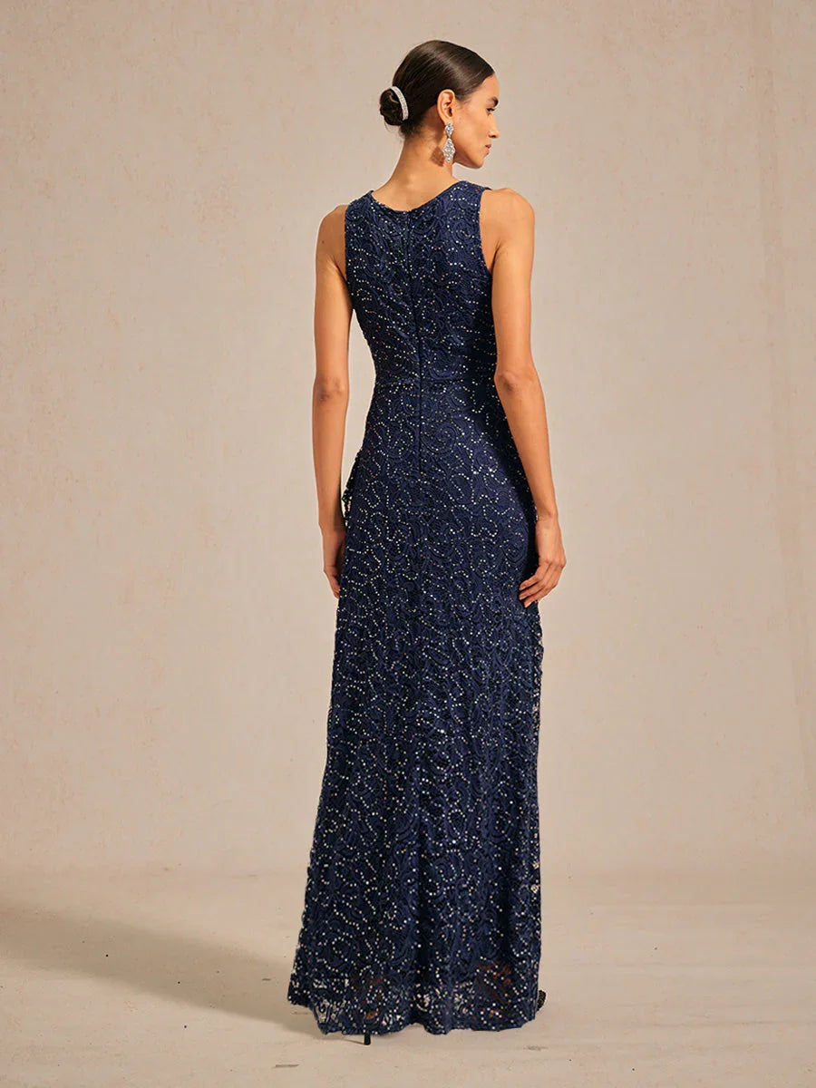 Lace Sequin Maxi Dress with Ruffle Detail