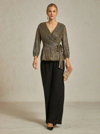 Metallic Pleated Chiffon Evening Wrap Top