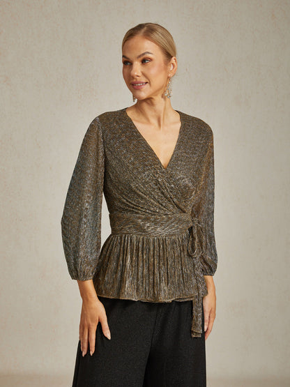Metallic Pleated Chiffon Evening Wrap Top