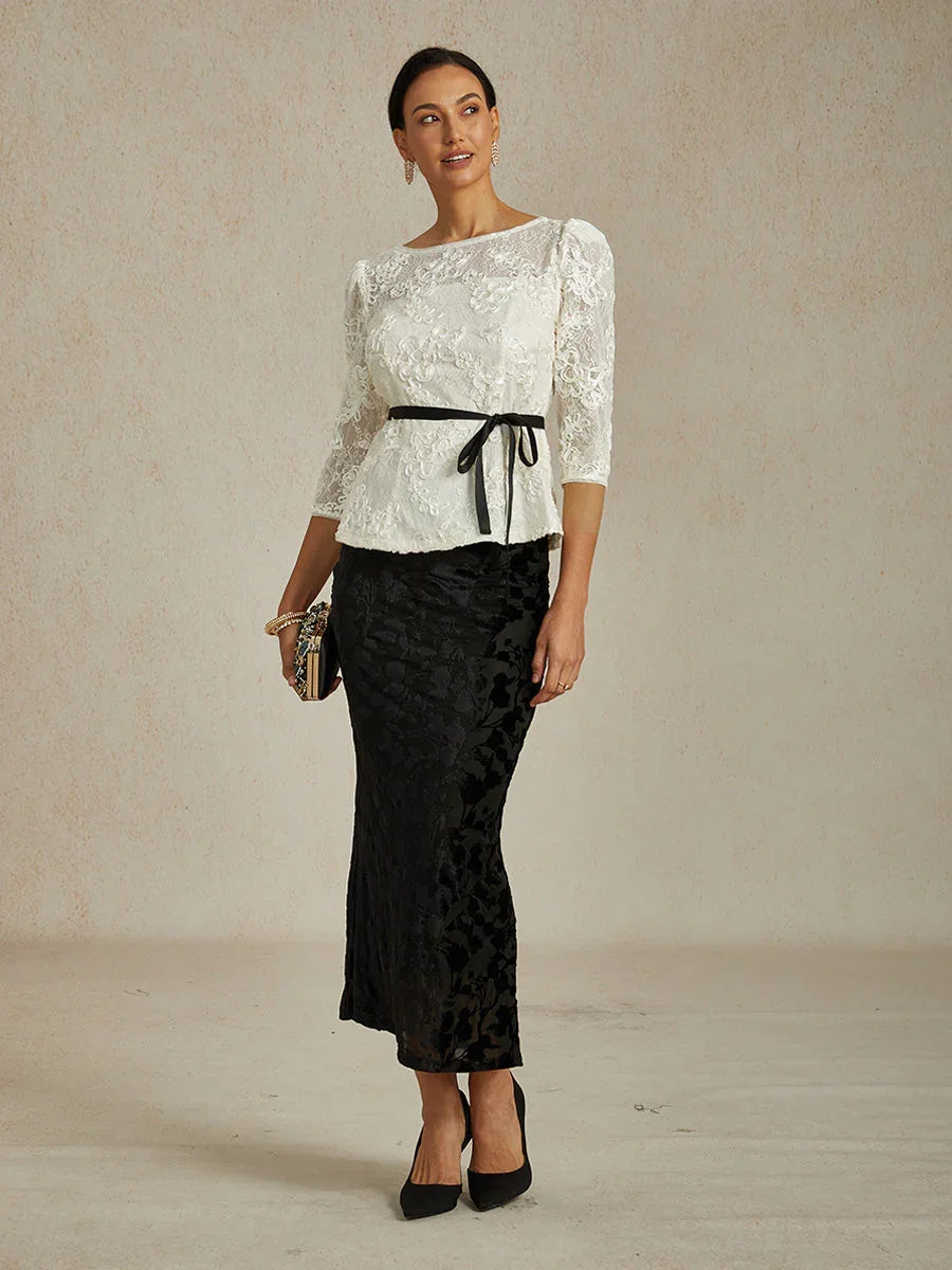 Dreiviertelärmelige Bluse mit Rosettenspitze und Paillettenbesatz