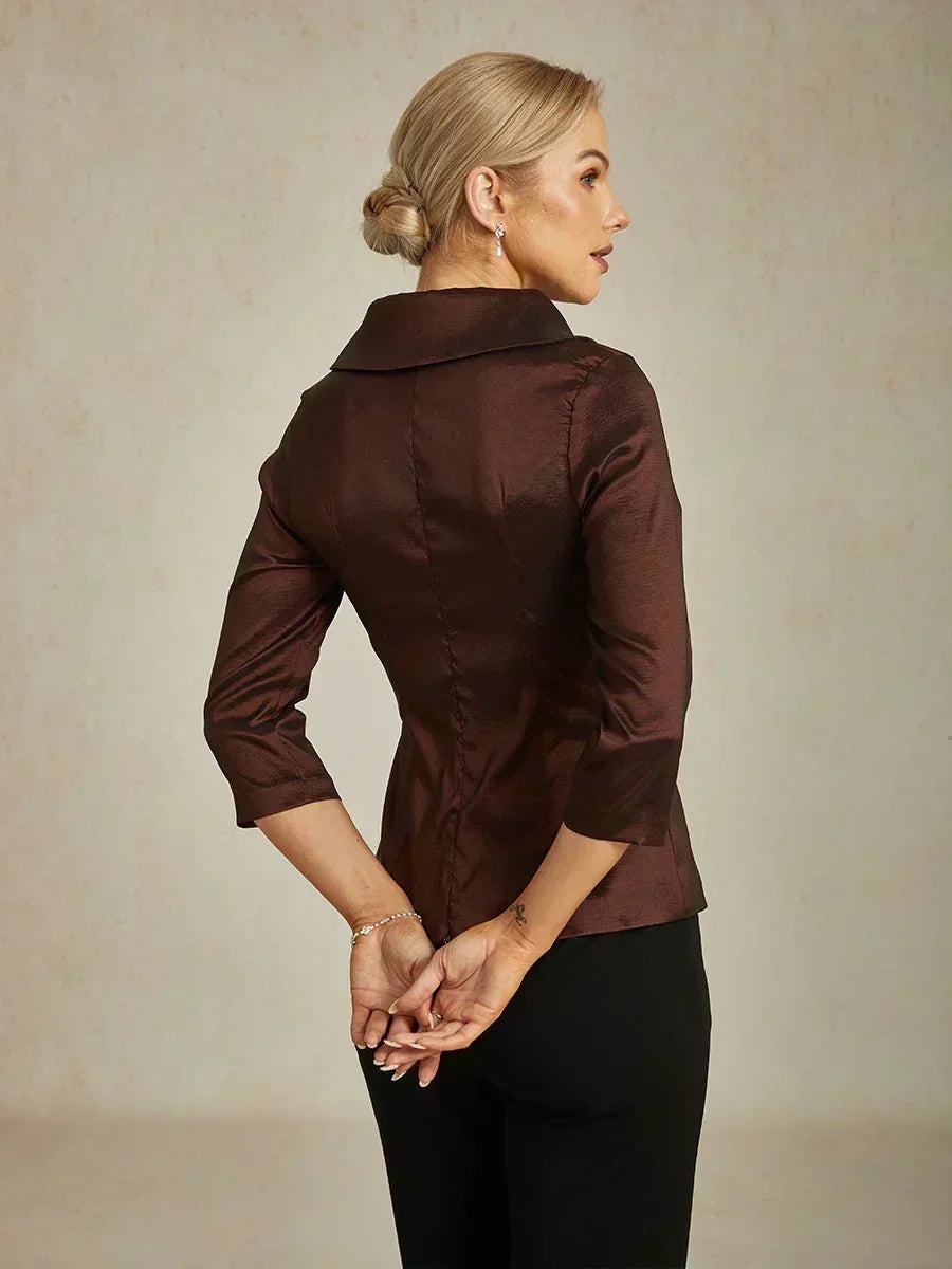 3/4 Sleeve Stretch Taffeta Blouse with Tie Waist Detail