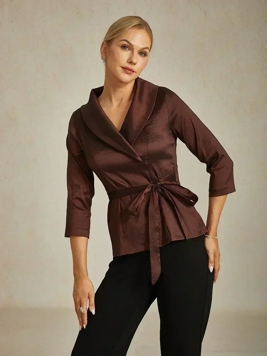 3/4 Sleeve Stretch Taffeta Blouse with Tie Waist Detail