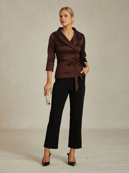3/4 Sleeve Stretch Taffeta Blouse with Tie Waist Detail