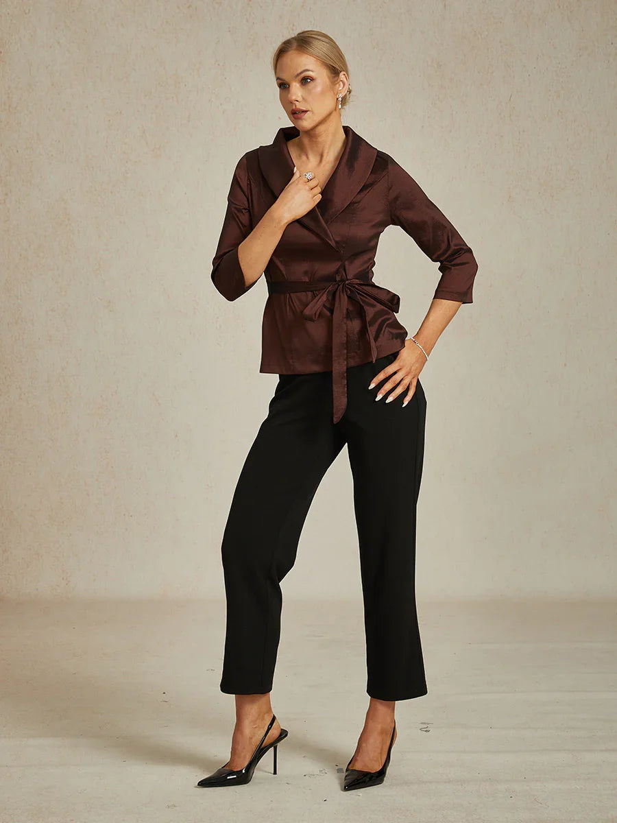 3/4 Sleeve Stretch Taffeta Blouse with Tie Waist Detail