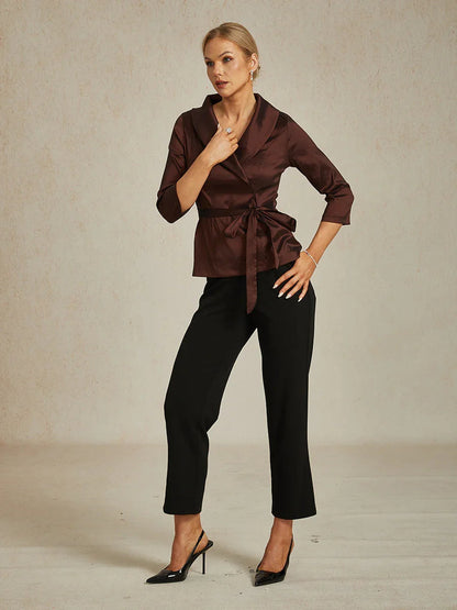 3/4 Sleeve Stretch Taffeta Blouse with Tie Waist Detail