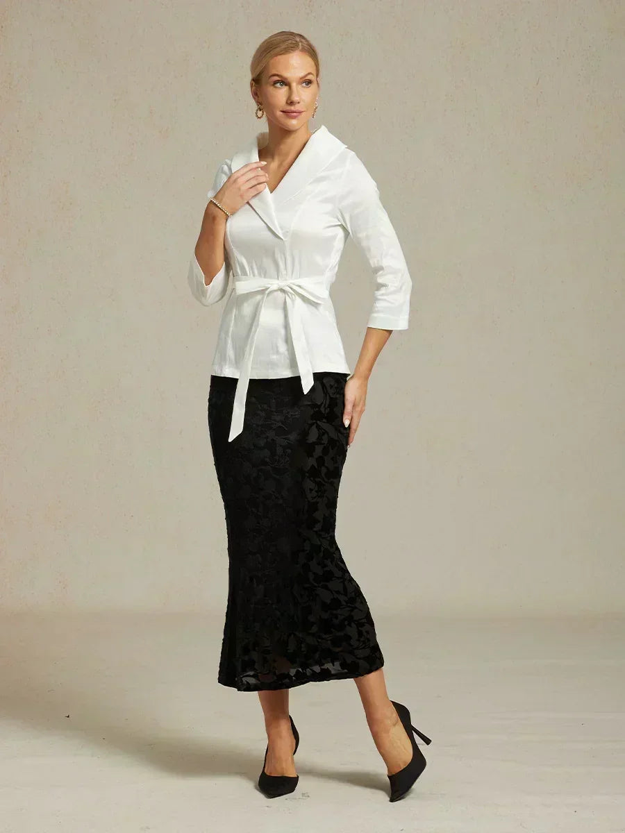 3/4 Sleeve Stretch Taffeta Blouse with Tie Waist Detail
