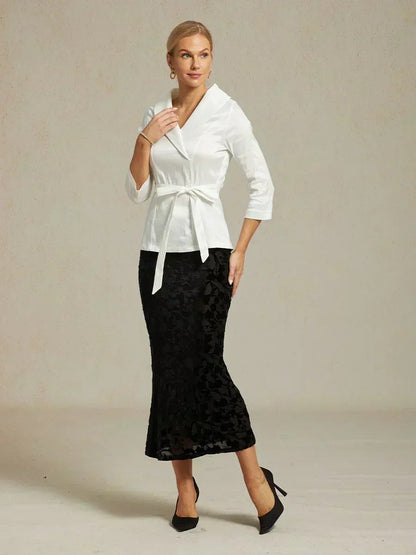 3/4 Sleeve Stretch Taffeta Blouse with Tie Waist Detail