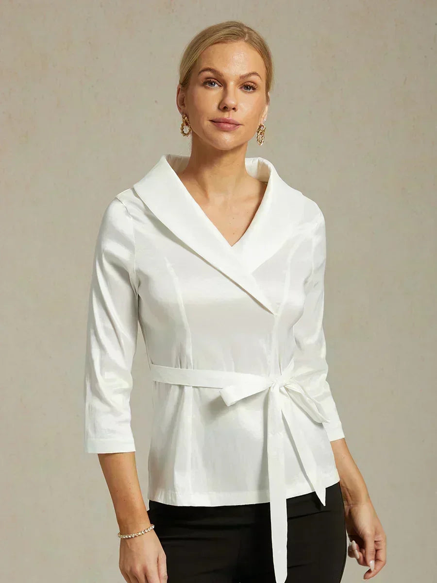 3/4 Sleeve Stretch Taffeta Blouse with Tie Waist Detail