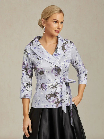 3/4 Sleeve Stretch Taffeta Blouse with Tie Waist Detail