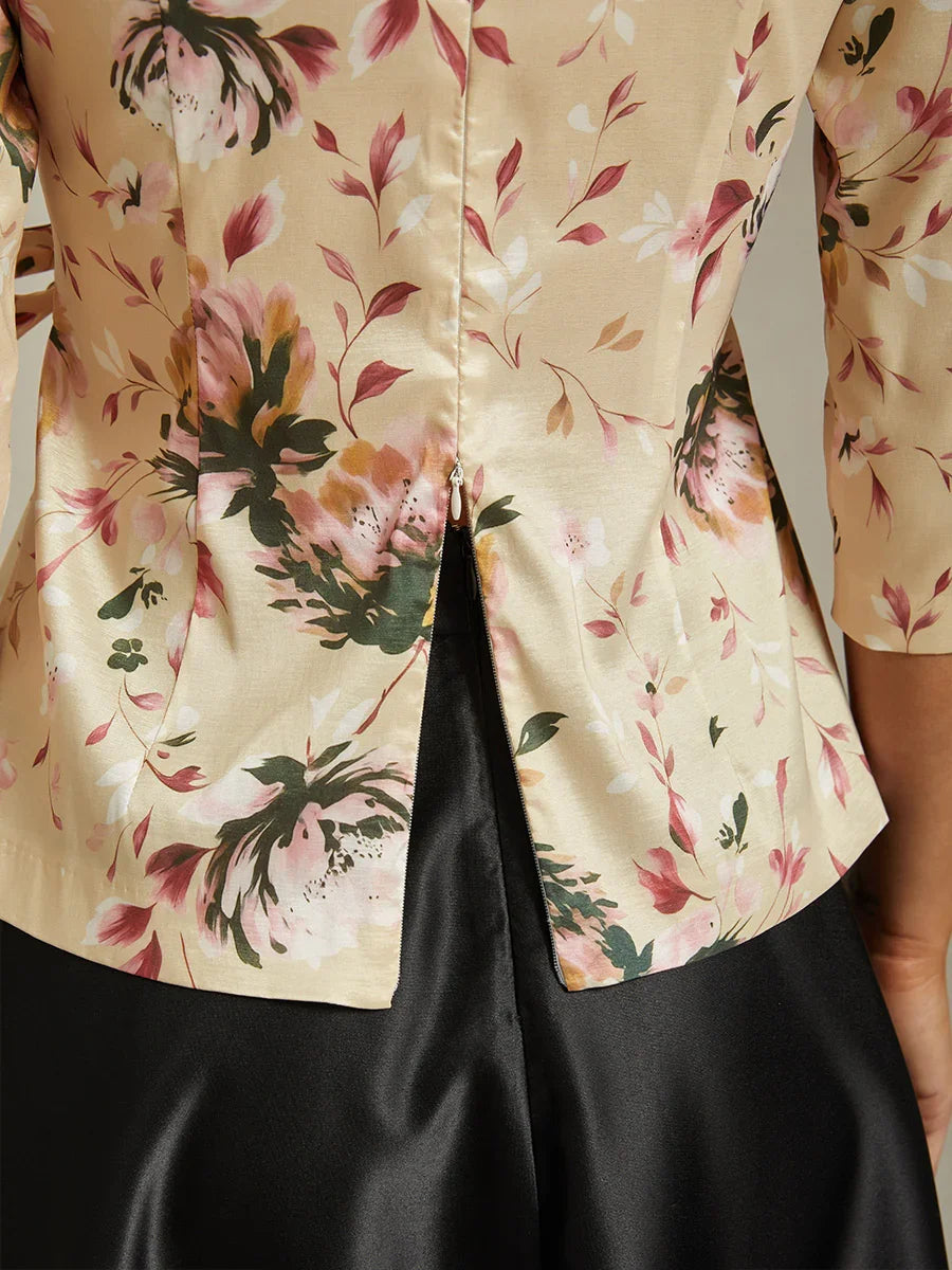 3/4 Sleeve Stretch Taffeta Blouse with Tie Waist Detail